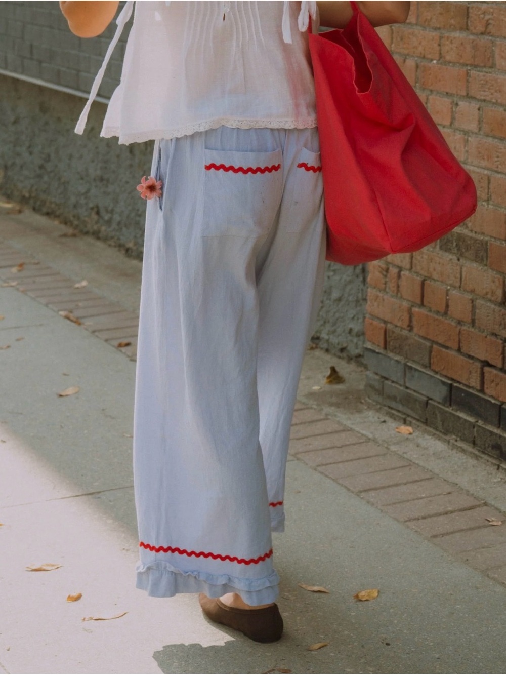 Pigeon Said Please Ruffle Pant. Light Blue Wide-Leg Pants with Red Trim - Women